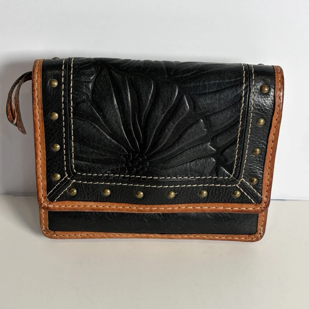 Fossil Women's Wallet Studded Tooled Leather Floral Black Brown
